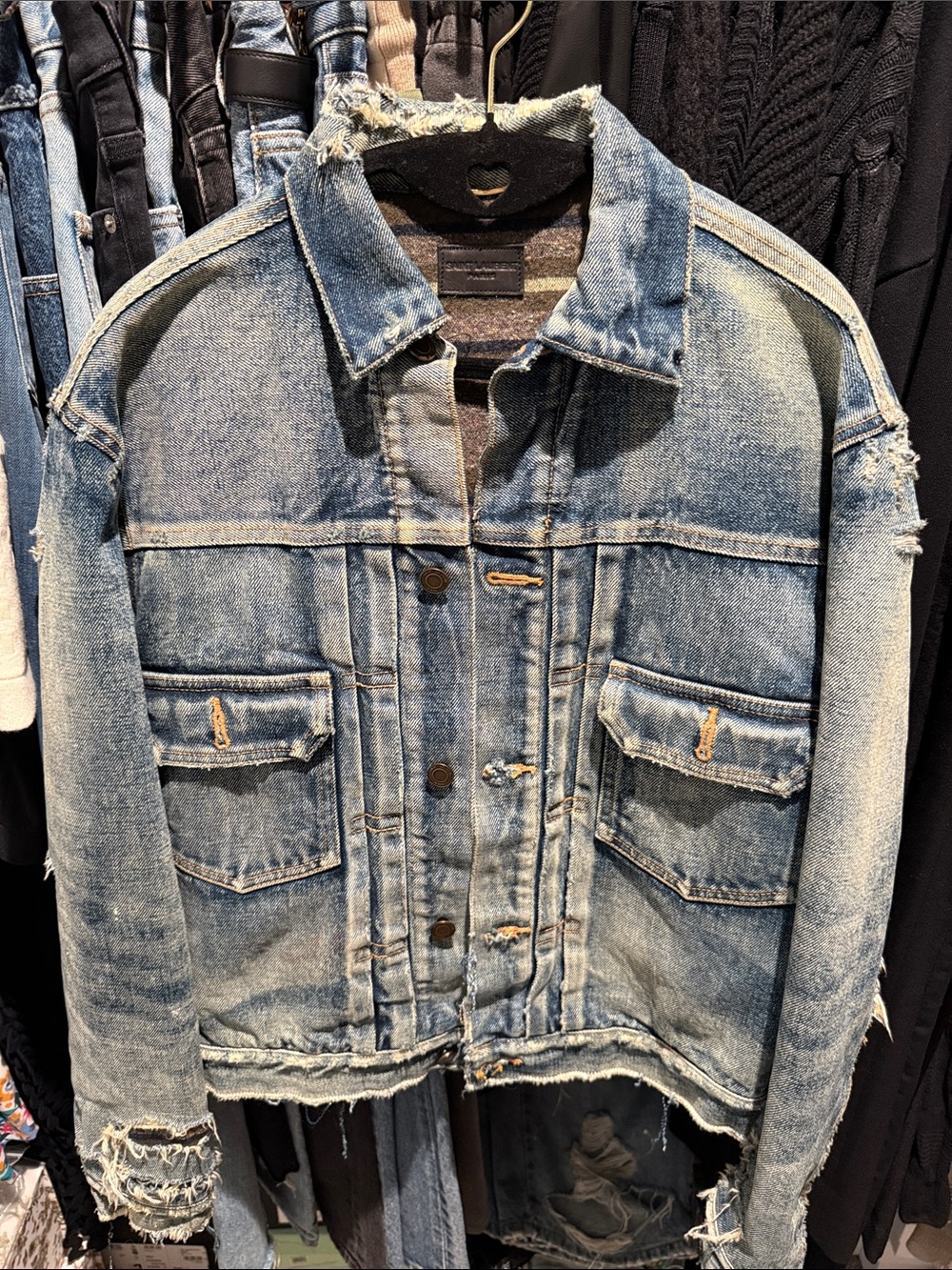 Saint Laurent Brown and Navy Wool Blend Jacket with Leather Label